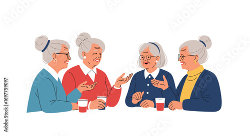 Four elderly women enjoying drinks and conversation in a cozy setting