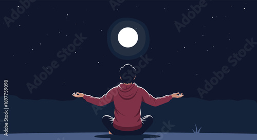 A person meditating under the full moon surrounded by stars at night