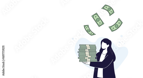 Woman with a large stack of cash and bills flying in the air