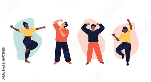 Diverse people performing a variety of energetic dance movements and fitness exercises