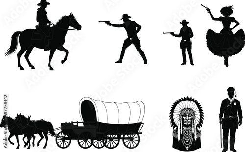 Wild West cowboy silhouettes, Native American chief, horse wagon, frontier woman with gun, western riflemen, vintage western scene, retro vector illustration