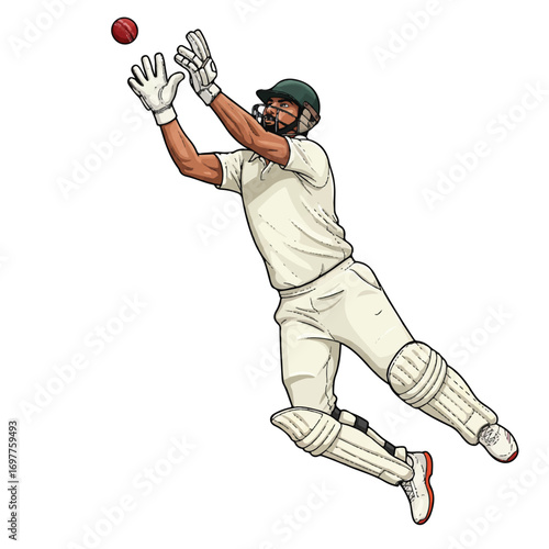 A skilled cricket player, mid-air, expertly catching a cricket ball during a match, presented as a realistic 2D vector illustration isolated on a clean white background.