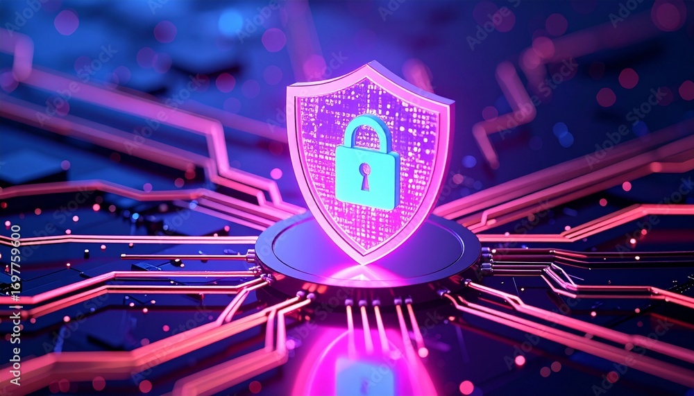 Fototapeta premium Glowing pink shield with padlock on digital circuit background