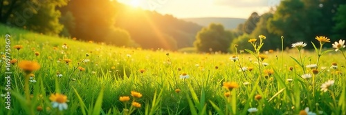 Golden sunlight bathes a lush green pasture, wildflowers dotting the landscape, creating a vibrant and idyllic scene Perfect for backgrounds, nature themes, and summer imagery , sunny, clouds, flora