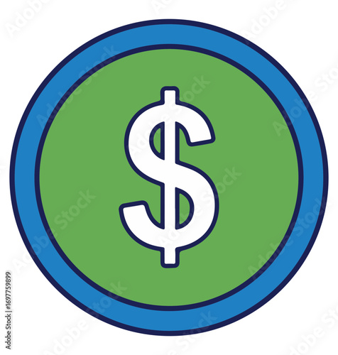 A simple green coin with a white dollar sign inside a blue circular border representing money finances wealth currency economy