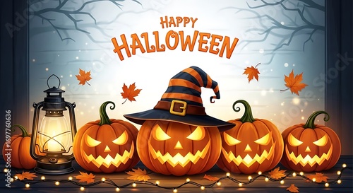 Happy halloween pumpkins with a witch hat and lantern on a spooky background