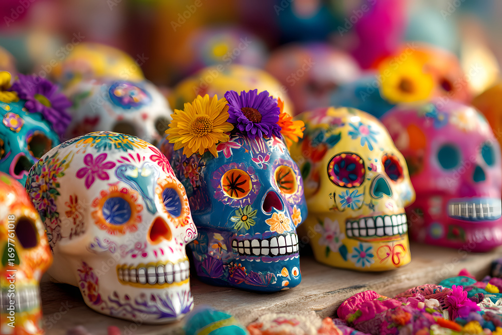 Fototapeta premium Colorful candy sugar skulls with flowers on Day of te Dead festival in Mexico.