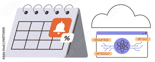 Desktop calendar with reminder bell and percentage icon alongside a cloud interface displaying scientific computation. Ideal for scheduling, notifications, cloud usage, data processing, organization
