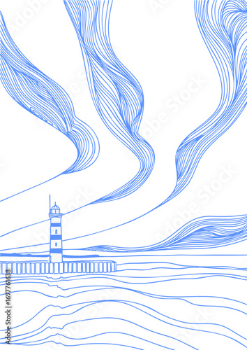 A lighthouse against the sky. Vector illustration. Monochrome illustration.
