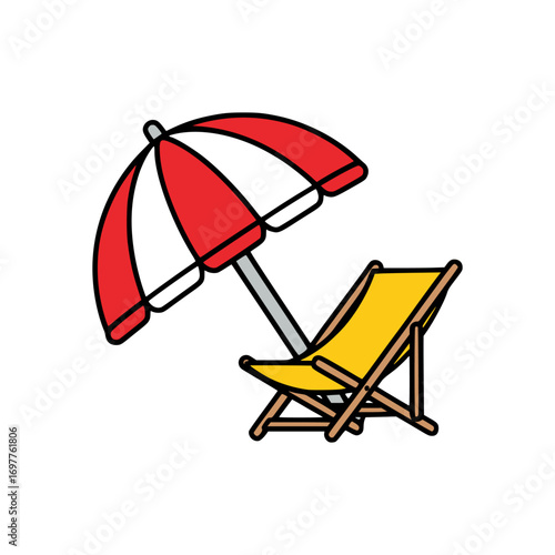Cartoon style deck chair and parasol illustration, symbolizing tropical vacation, leisure, outdoor travel, and sunny beach adventure