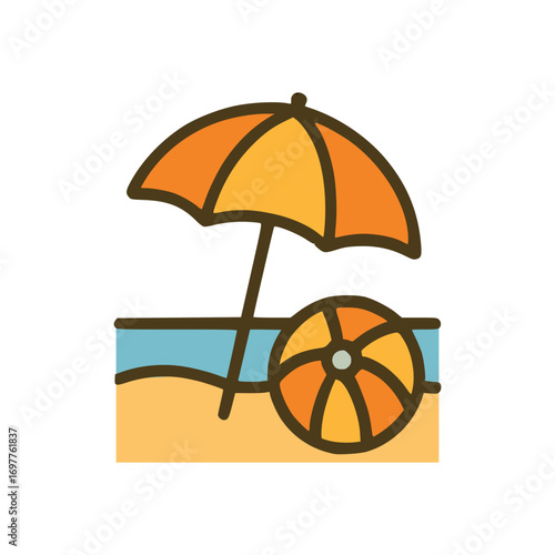 Cartoon summer holiday illustration showing umbrella and colorful ball near ocean waves, representing fun tropical seaside vacation scene