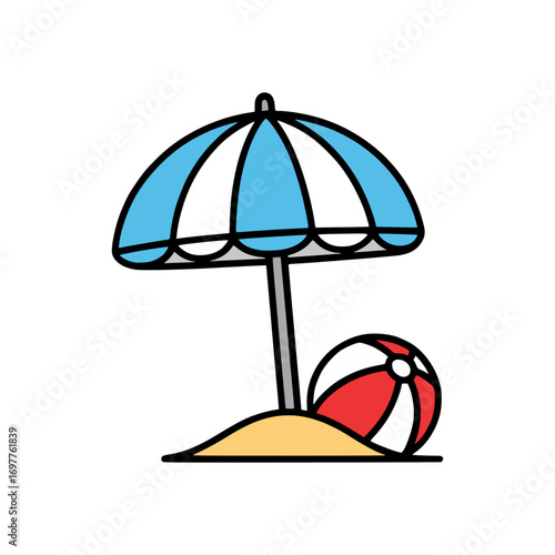 Cartoon illustration of parasol sunshade on sandy beach with red striped inflatable ball, symbol of travel and relaxation