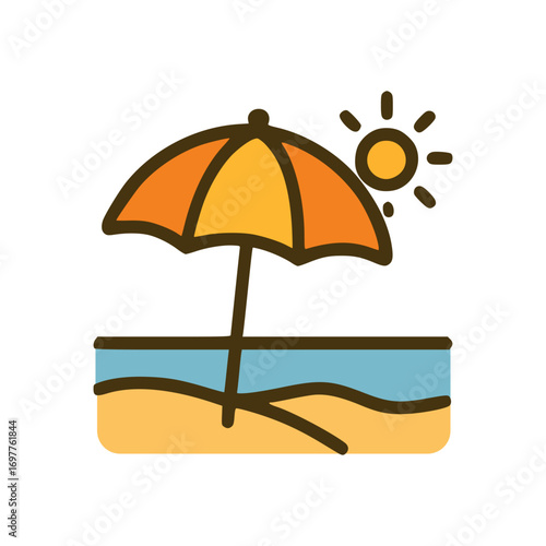 Cartoon summer holiday design showing parasol on beach with sunshine and ocean waves, representing tropical vacation relaxation scene