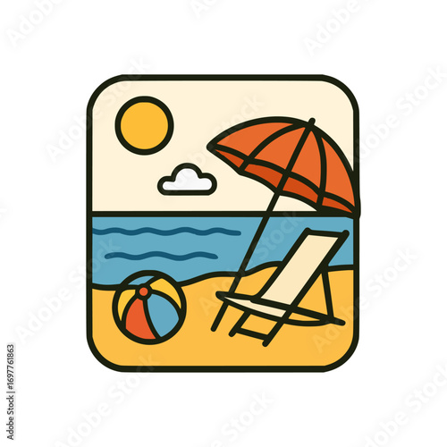 Flat cartoon artwork of summer holiday landscape showing parasol, deck chair, sea waves, sunshine, and beach ball on sand