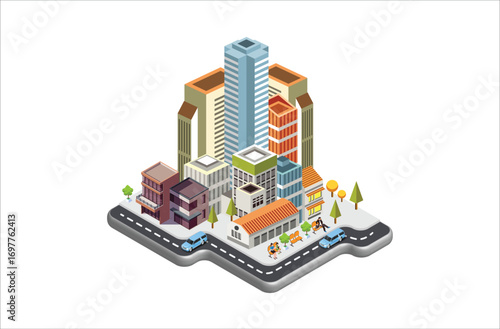 Modern Isometric vector city with skyscrapers, people, streets and vehicles, commercial and business area infographic with icons, Suitable for Diagrams, Infographics,  And Other Graphic Related Assets