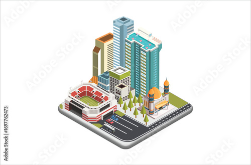 Modern Isometric vector city with skyscrapers, people, streets and vehicles, commercial and business area infographic with icons, Suitable for Diagrams, Infographics,  And Other Graphic Related Assets