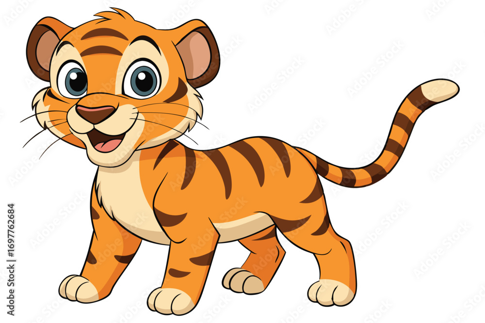 Obraz premium Cartoon Tiger Cub Standing Tall, Smiling Confidently on White Background