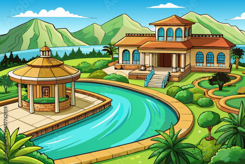 vector of If the villa is in an area with beautiful views such as mountains, sea or green nature, an infinity pool or lagoon style can give a good combination with the view.