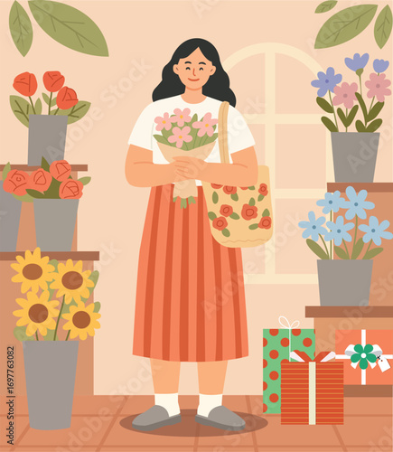 woman in a flower shop bright