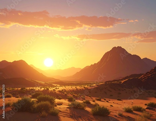 Golden desert sunset over mountains