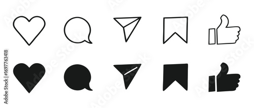 Set of generic social media user interface icons. Like, comment, share and save icons. Social media flat icons. Vector, flat outline icon isolated on white