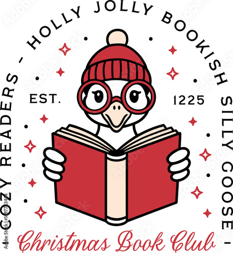 Christmas book club silly goose crew cozy readers reading group funny bookish sticker shirt design logo. Retro vintage preppy xmas aesthetic farm animal wearing red beanie and glasses drawing clipart.