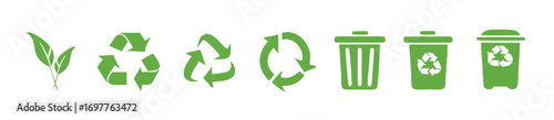 set of recycle icons. ecology green icons for packaging. trash and leaf symbol. 
