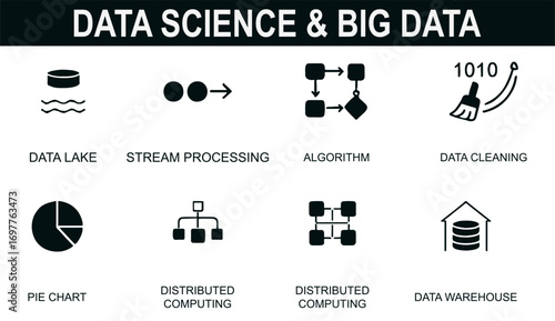 Data Science & Big Data Icon Set – Black Line Art of Data Lakes, Algorithms, Stream Processing, Warehouses & Charts for Analytics, Education & Enterprise Projects