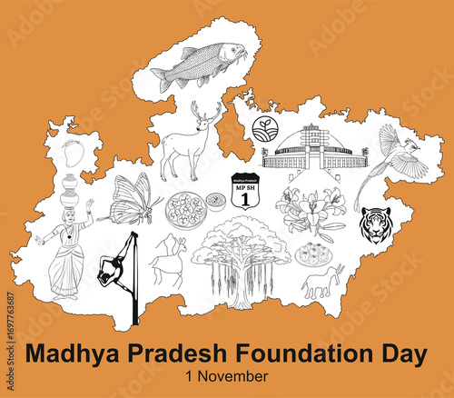 An illustration for Madhya Pradesh Foundation Day captures its rich heritage. It features iconic landmarks like Sanchi Stupa, diverse wildlife celebrating the state's culture and natural beauty.
