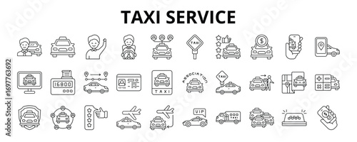 30 Taxi Service Line Icons Vector - Ride Hailing, Taxi Stand, Drop Off, Fare Estimator, Carsharing, Airport Taxi, Booking