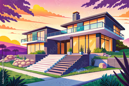 modern house situated on a hill at sunset, featuring elegant stone steps and sleek glass balconies, perfect for architectural design projects, creative artwork, contemporary living concept