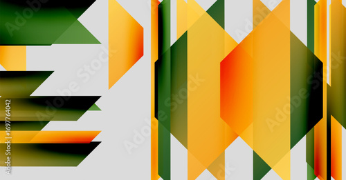 Abstract geometric shapes, vibrant colors, overlapping layers create dynamic composition. Modern design, bold contrasts, visual texture.