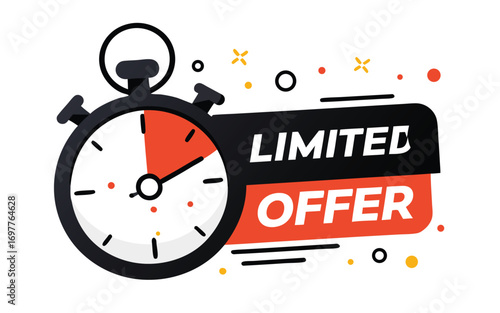 Last minute limited offer with clock for sale promo, button, logo or banner or red background. Hurry up sale label with time countdown for limited offer sale or exclusive deal. Special offer badge, 