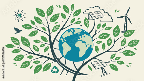 Green earth ecology vector with globe, trees, leaves, renewable energy, and Eco-friendly sustainable icons flat style.