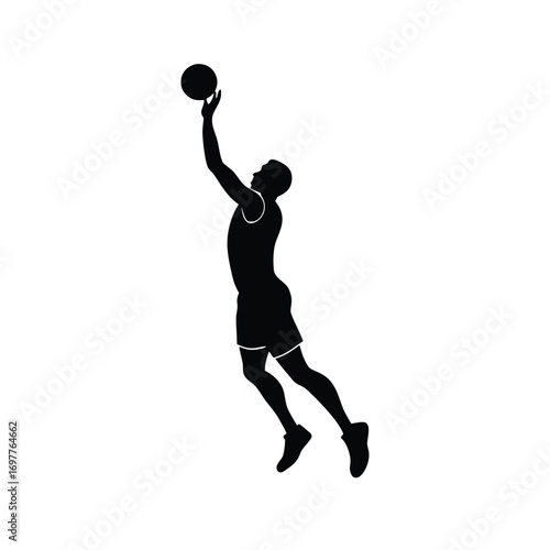 Dynamic black silhouette of a basketball player performing a slam dunk