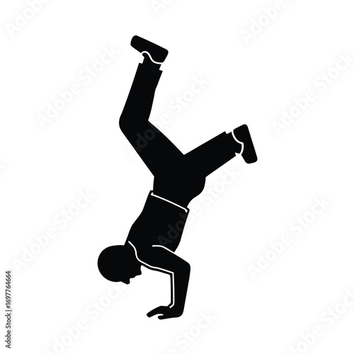Dynamic black silhouette of a breakdancer performing a headstand for advertisements