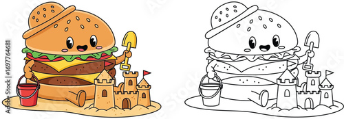 Cute Cartoon Hamburger Building Sandcastle on Beach - Kawaii Fast Food Summer Fun