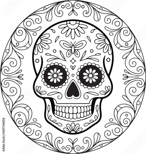 Black and white sugar skull illustration with floral border in a circle day of the dead dia de los muertos