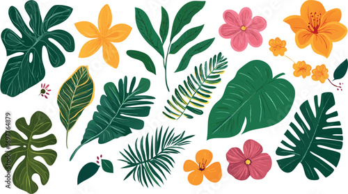 Vibrant collection of tropical leaves and exotic flowers in various green and pink hues
