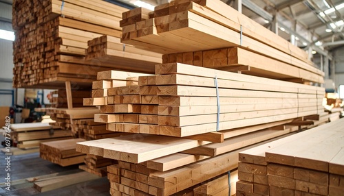 Indoor lumber storage with stacked wooden planks