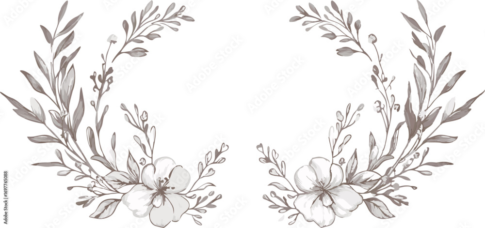 Fototapeta premium Delicate watercolor floral wreath elements with soft pink and silver foliage and blossoms