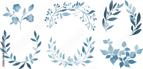 Collection of delicate watercolor blue floral and leaf elements for elegant design invitations and decorations