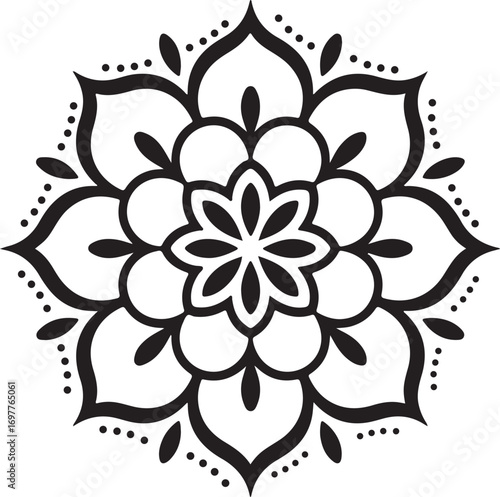 Black and white symmetrical mandala floral design with dots and petals vector illustration