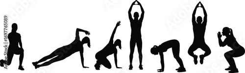 Silhouette of active women performing various fitness exercises, stretches, squats, yoga, and balance training in a workout routine.