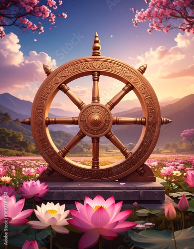 Golden Dharma Wheel in Lotus Fields
