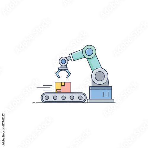 A robotic arm carefully places a package onto a moving conveyor belt.