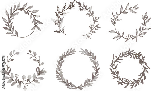 Collection of six delicate watercolor floral wreaths and botanical frames for design