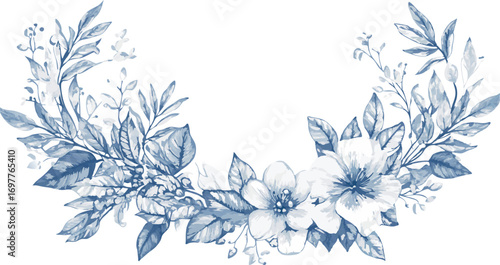 Delicate blue watercolor floral wreath with leaves and blossoms for elegant design elements
