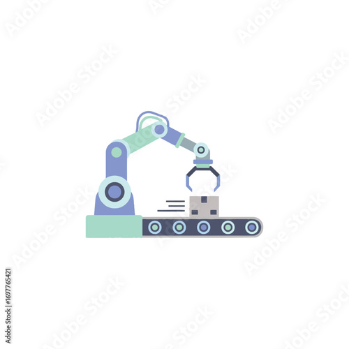 A robotic arm picks up a cardboard box from a conveyor belt in a stylized, flat illustration.