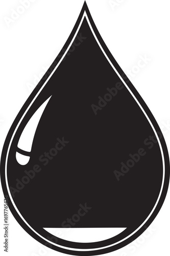 Black oil drop icon with a white highlight on a white background liquid water